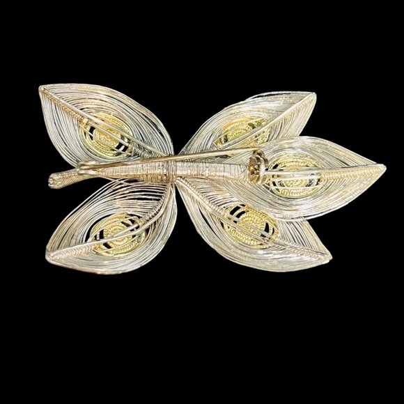 Silver Tone And Gold Tone Wire Wrapped Leaf Clip On Earrings & Brooch Set (4604) - Picture 3 of 7